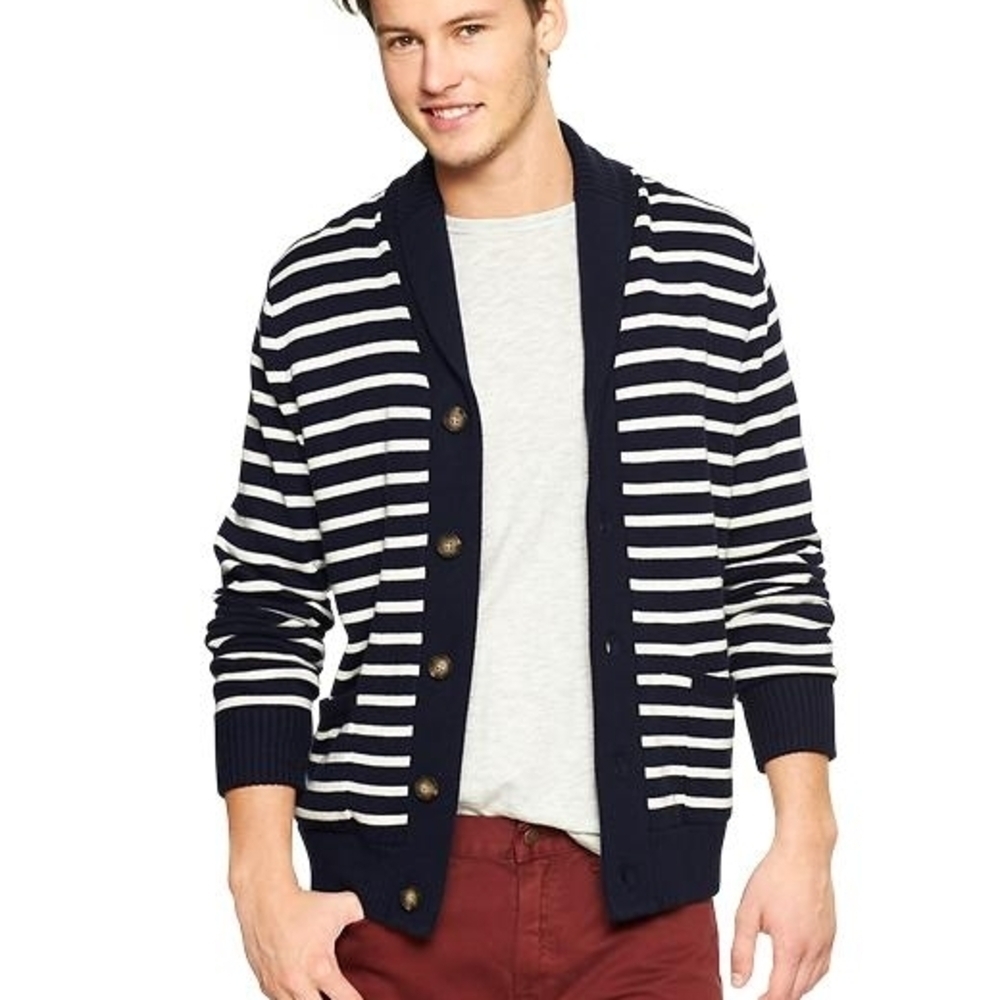 GAP Men's Wool Blend Cardigan Navy White Striped Suze M Nautica Sailor BOHO